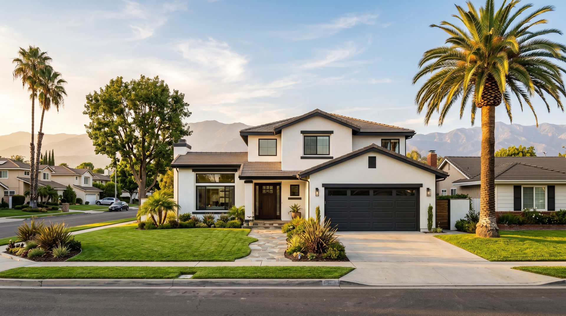 San Fernando Valley single-family home with palm trees in golden afternoon light