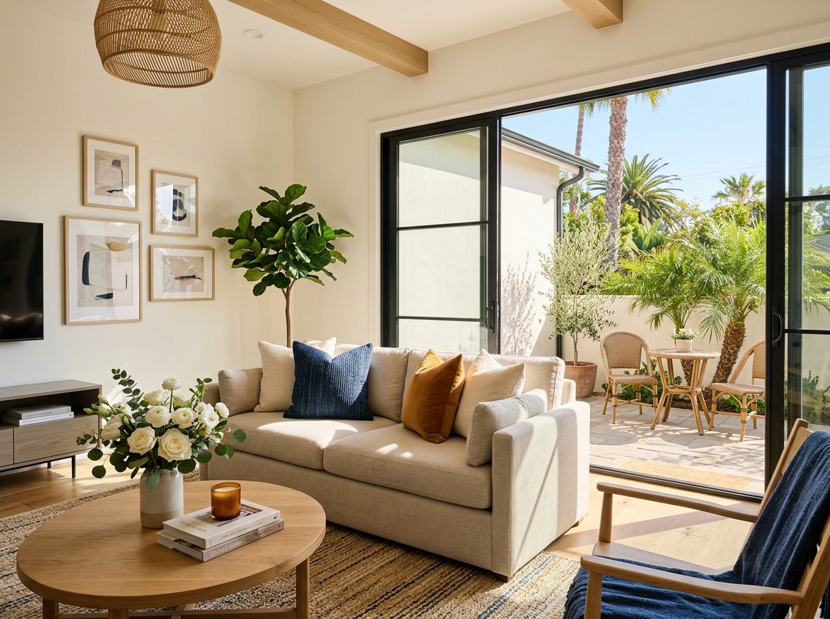 Bright staged living room of a San Fernando Valley home ready for an open house