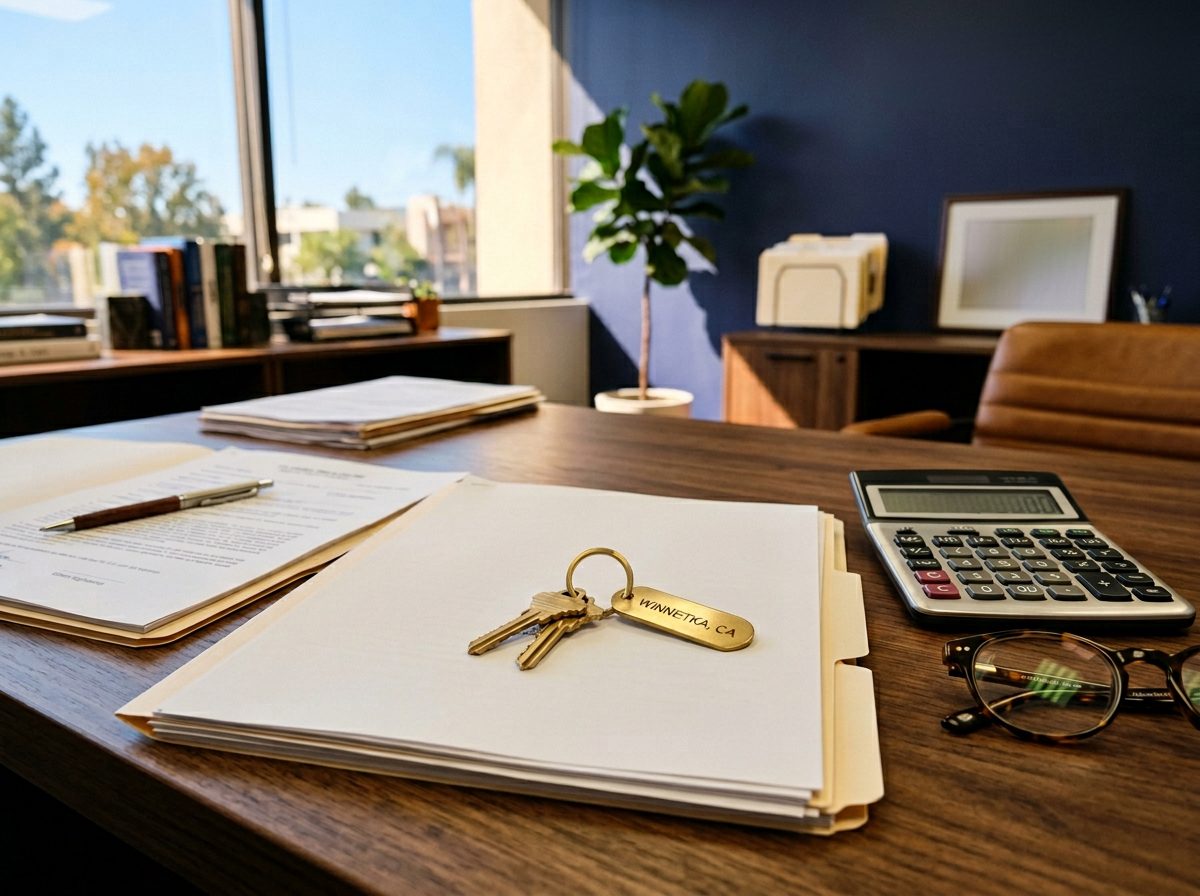 House keys resting on closing documents beside a calculator at the Nationwide Realty office
